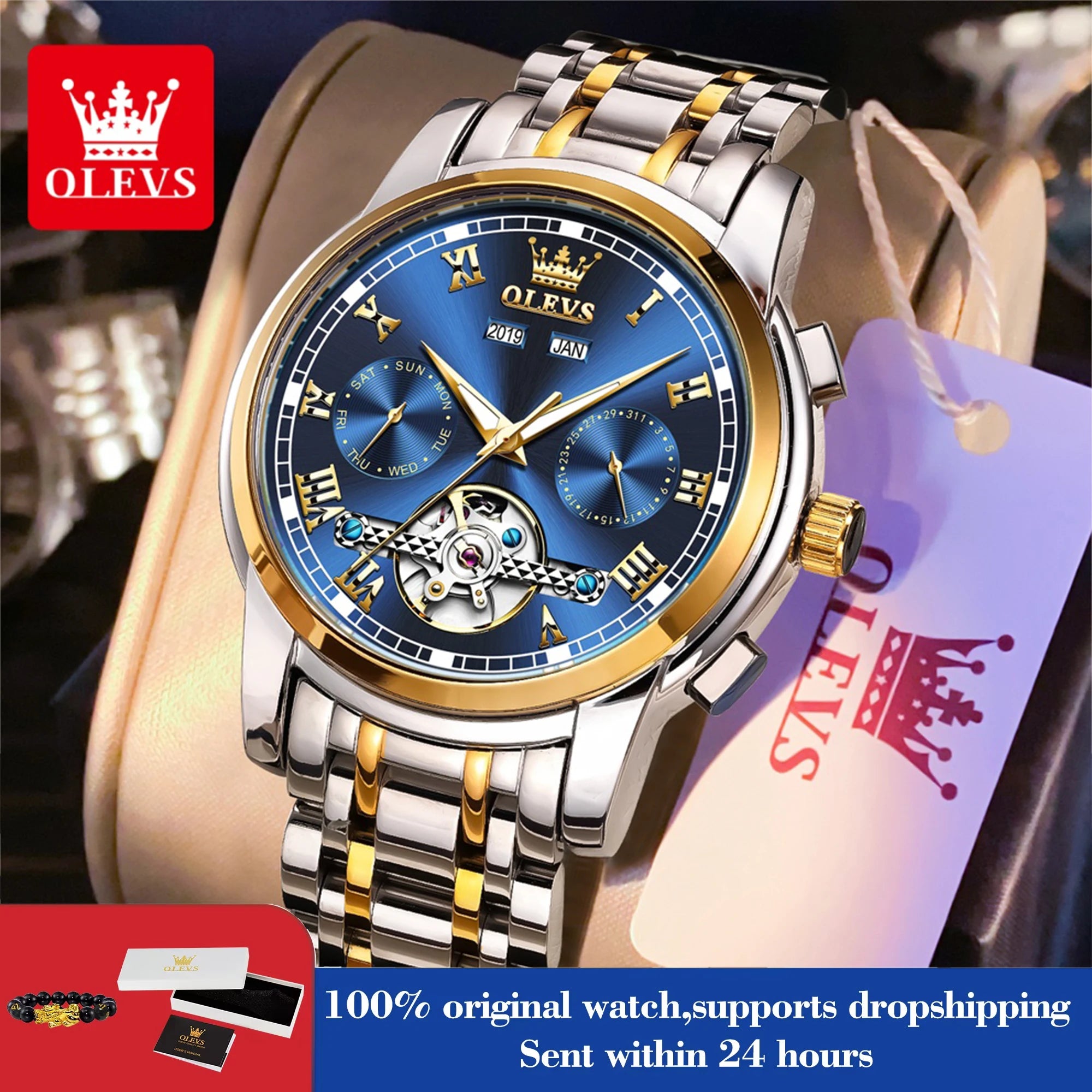 OLEVS Uhren für Herren Luxus-Edelstahl-Schwungrad-Automatik-Uhr Handuhr Woche Datum Wasserdicht Leuchtende Herrenuhr 6607