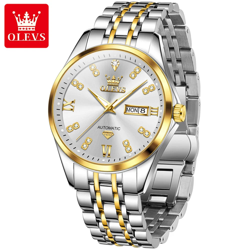 OLEVS 9801 Herrenuhr Wasserdicht Dual Kalender Luxus Mechanische Uhr Für Männer Diamant Zifferblatt Edelstahl Automatische Armbanduhr