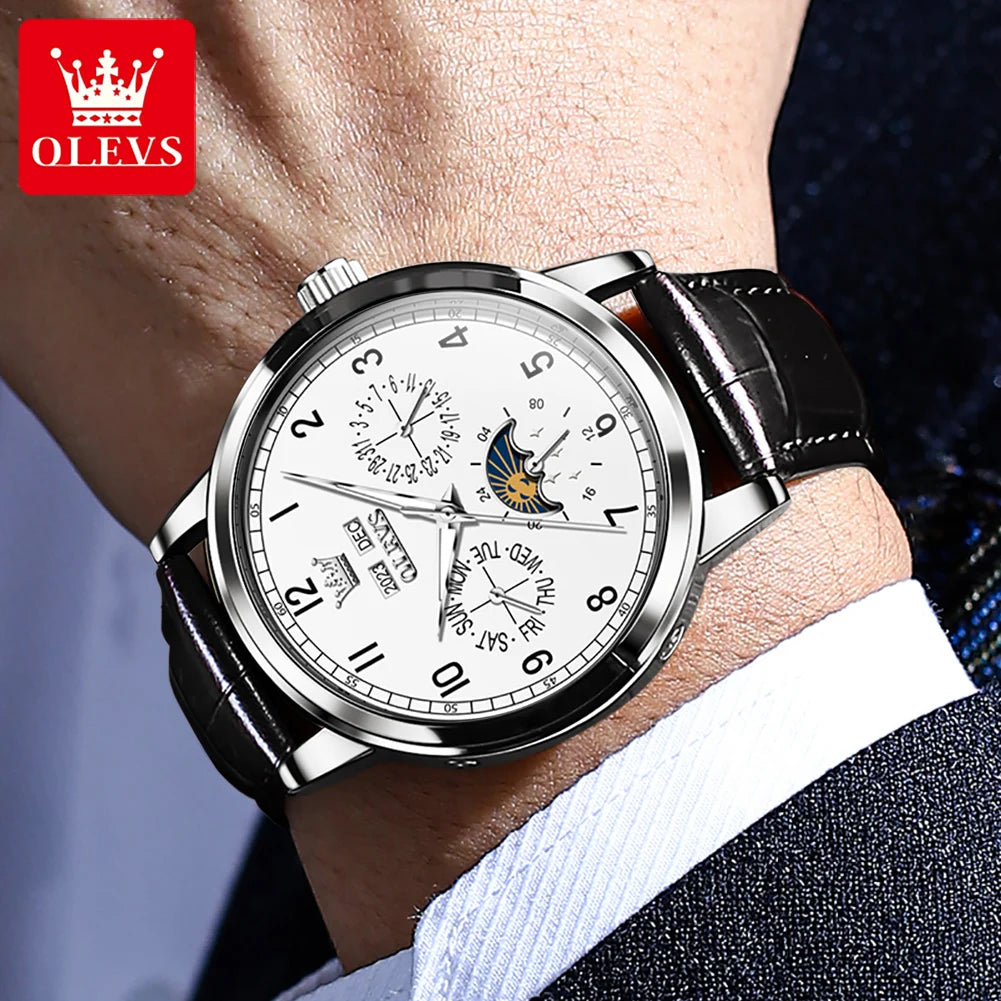 OLEVS 6698 Herren Automatikuhr mit Zifferblatt, Mondphase, mechanisch, für Herren, 42 mm großes Zifferblatt, wasserdicht, Leder, Herrenuhr