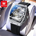 OLEVS 6779 Herrenuhr Skelett Luxus Tonneau Mechanische Uhren für Männer Wasserdichtes Silikonarmband Automatische Handaufzugsuhr Geschenkbox