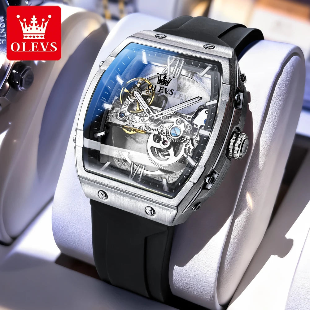 OLEVS 6779 Herrenuhr Skelett Luxus Tonneau Mechanische Uhren für Männer Wasserdichtes Silikonarmband Automatische Handaufzugsuhr Geschenkbox