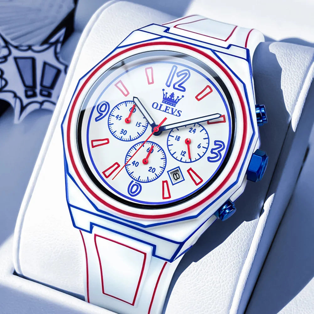 OLEVS 5622 Comic Style Quarzuhr für Herren Chronograph Wasserdicht Leuchtzeiger Ziffernblatt Datum Silikon-Herrenuhren
