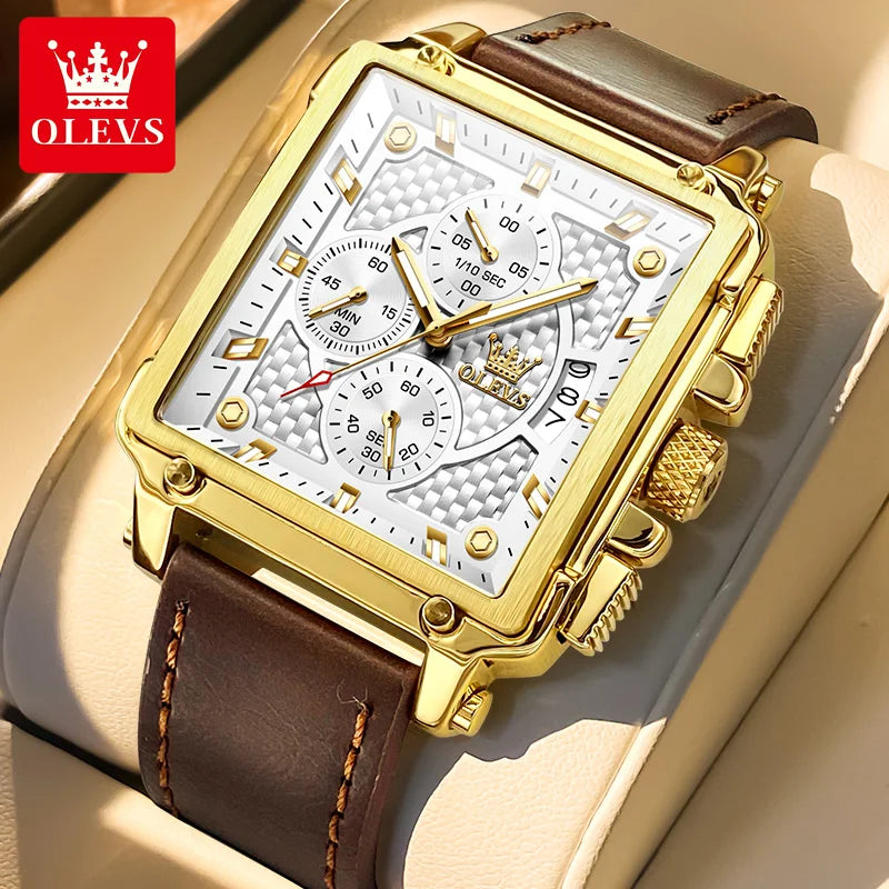 OLEVS Uhr Lässige Mode Quadratische Quarzuhr für Herren Wasserdichte Leuchtende Lederarmband Datumsanzeige Herrenuhr Topseller 9925