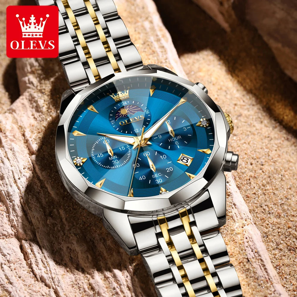 OLEVS 3673 Man Watch Fashion Chronograph Quartz Watch For Men 43mm Big Dial Moon Phase Calendar Waterproof Original Hand Clock