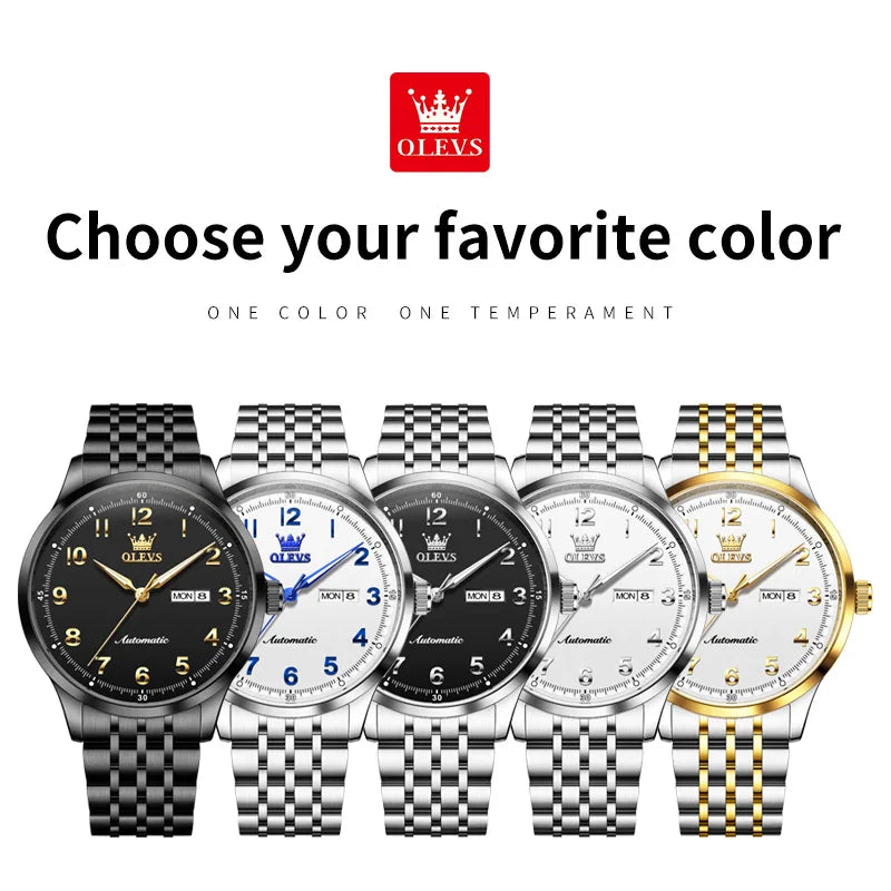 OLEVS Herren Luxus Mechanische Armbanduhren für Herren Wasserdichte Leuchtende Dual-Kalender Uhren Edelstahl-Uhr 7100