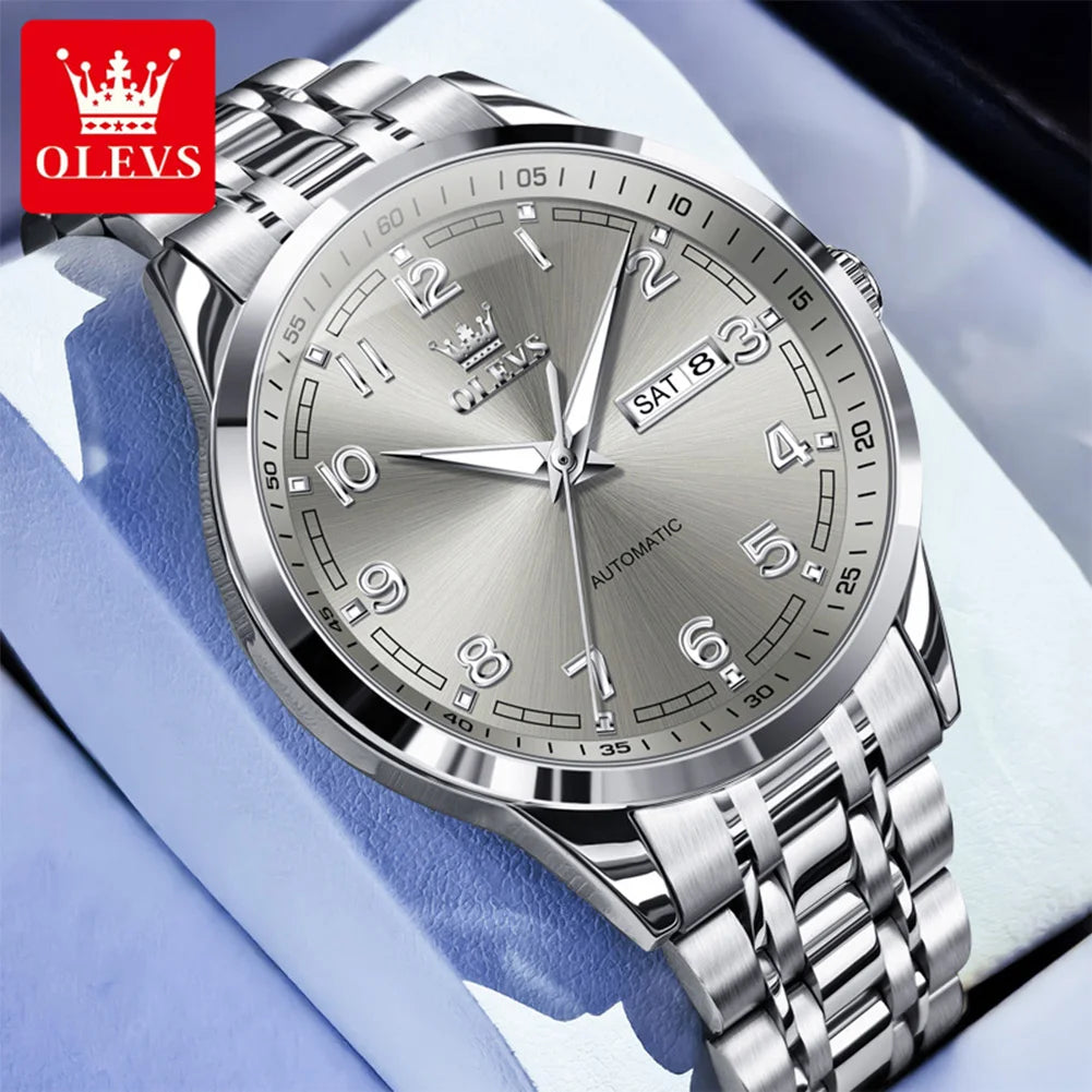 OLEVS 7077 Herren-Automatikuhr, Mode, Datum, mechanische Herrenuhr, Ziffernskala, luxuriös, wasserdicht, leuchtende Uhr für Herren