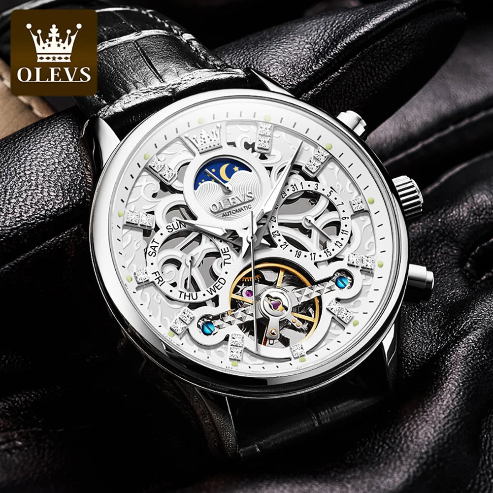 OLEVS 6658 Luxus Skelett-Schwungrad Automatische Mechanische Uhr Moonswatch Wasserdichte Armbanduhr Für Herren Geschenkbox Handuhr