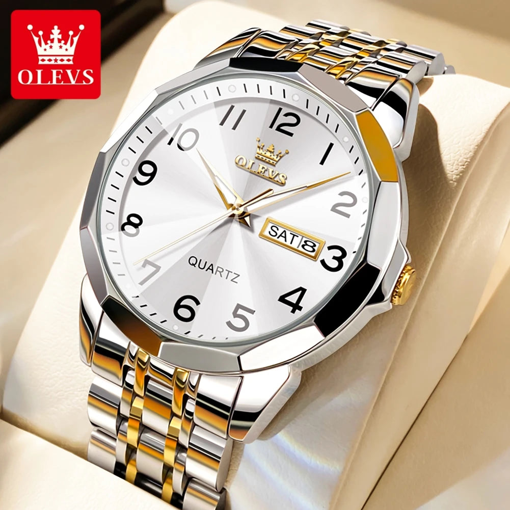 OLEVS 9970 Paar-Armbanduhr für Herren und Damen, luxuriöses Zifferblatt, Rhombus-Spiegel, Quarz-Handuhr, Edelstahl, originale Kleideruhren