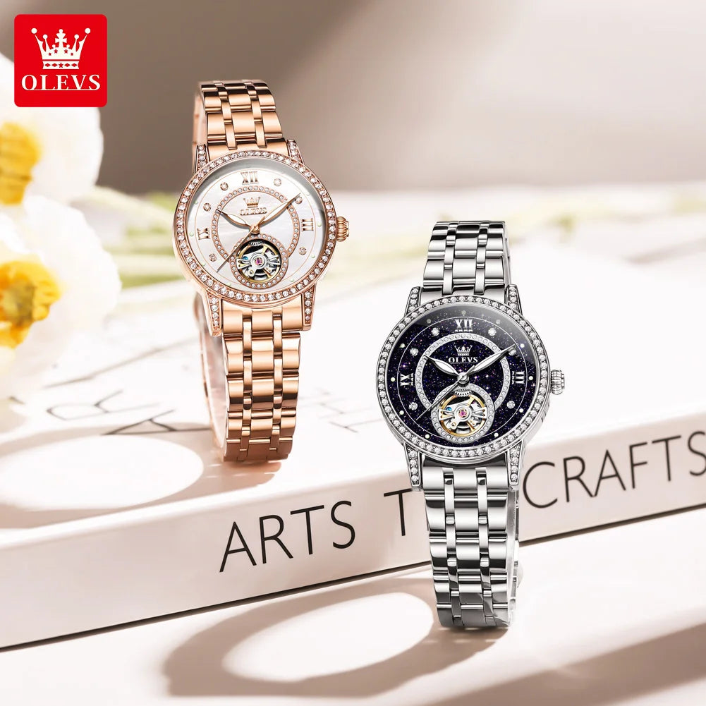 OLEVS Hollow Original Mechanical Watches For Women Diamond Luxury Automatic Hand Clock Waterproof Elegant Woman Dress Watches