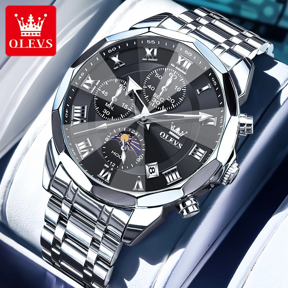 OLEVS 3675 Watch For Men Roman Scale Luxury Rhombus Mirror Chronograph Man Hand Clock Moon Phase Date Waterproof Quartz Watches