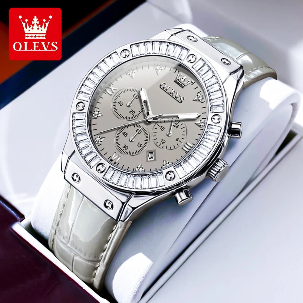 OLEVS 9978 Damenuhr, multifunktionale Quarzuhr, wasserdicht, leuchtendes Lederarmband, elegante modische Uhren für Damen, Geschenke