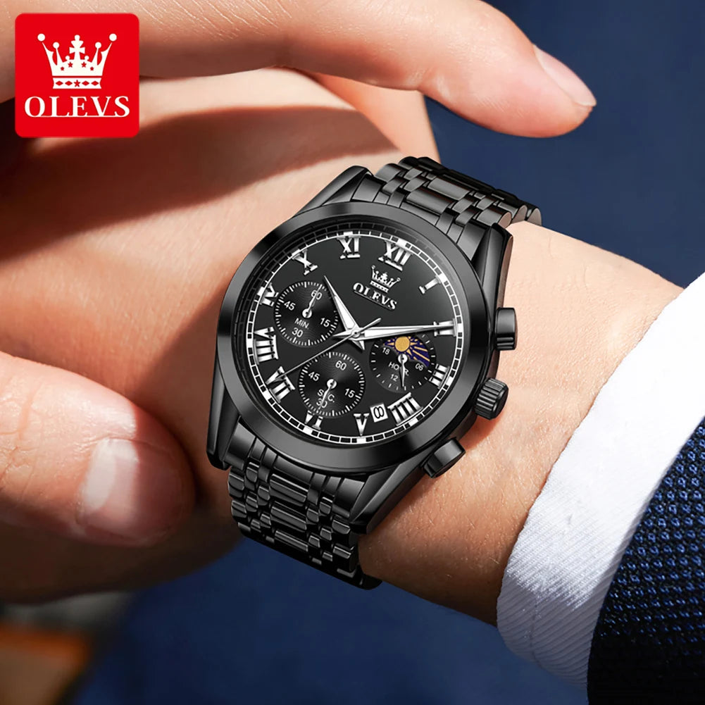 OLEVS 2871 Erkek Saati Orijinal Takvim Ay Fazı Kuvars Saat 30M Su Geçirmez Paslanmaz Çelik Erkek Kol Saati Saatler Erkekler İçin