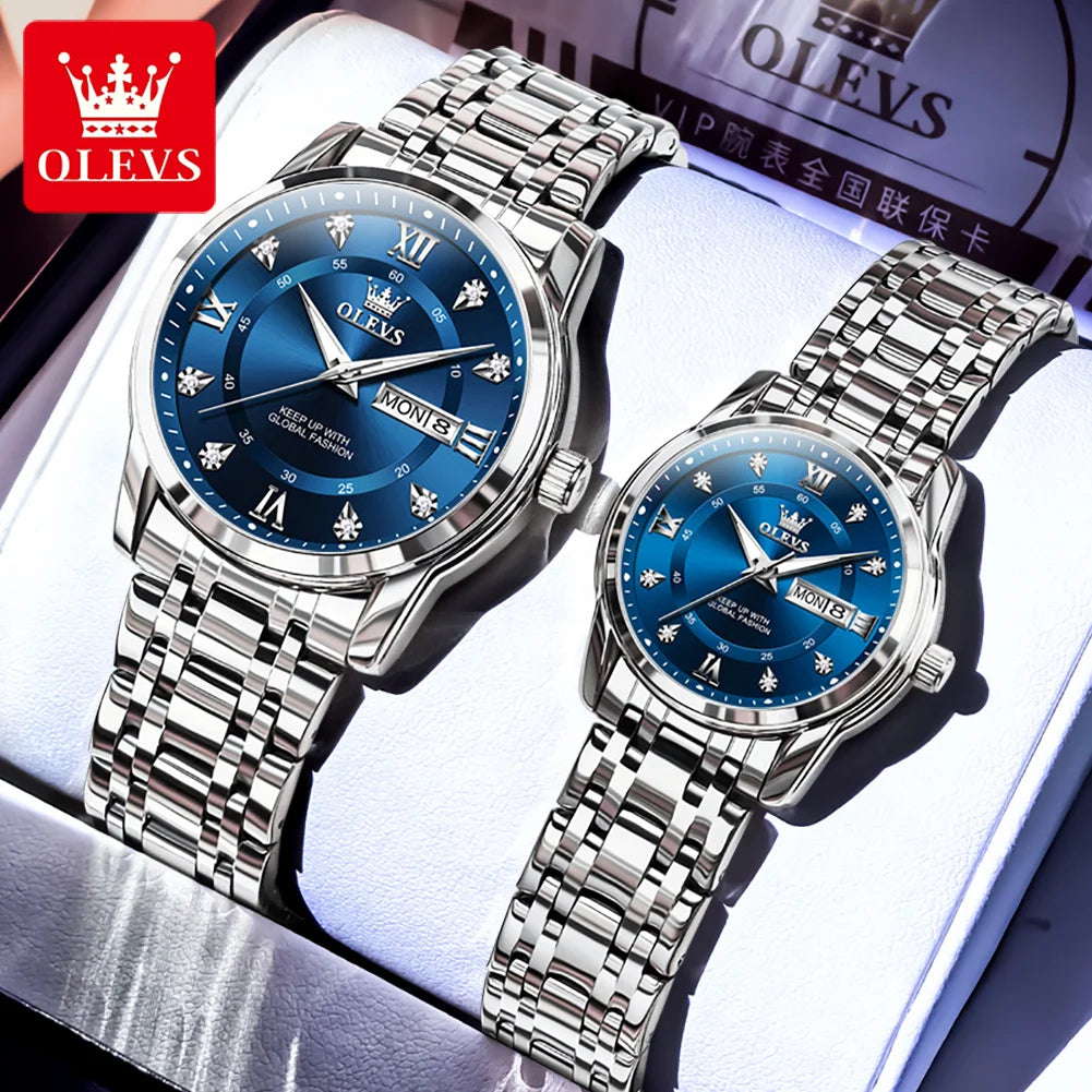 OLEVS 5513 Paar Uhren Luxus Dual-Kalender Quarzuhren für Männer Frauen Original Wasserdicht Leuchtende Diamant-Skala Zeigeruhr