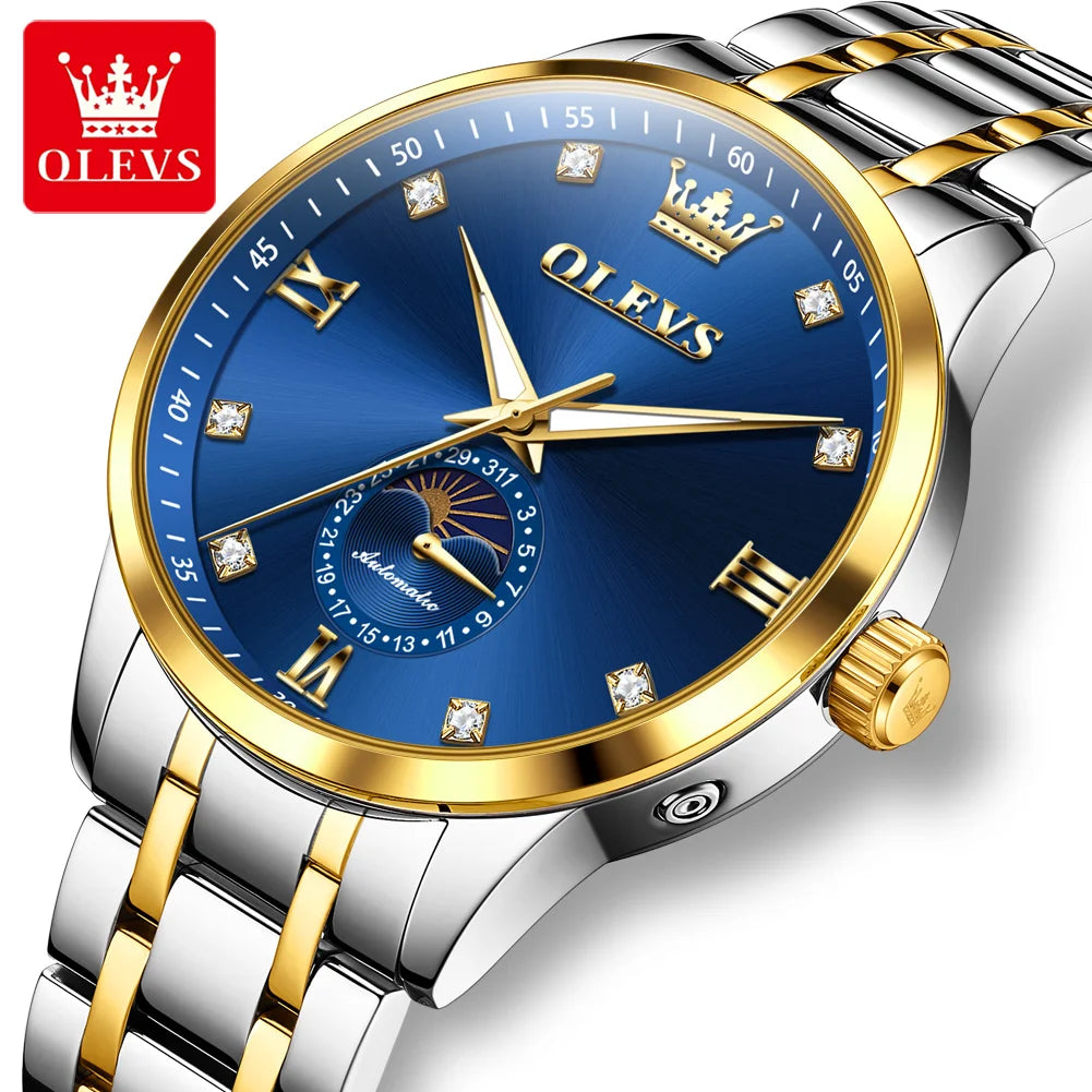 OLEVS 7041 Automatikuhr Herren Mondphase Mechanische Uhr für Herren Luxus Datum Wasserdicht Business Herrenuhr Diamantskala