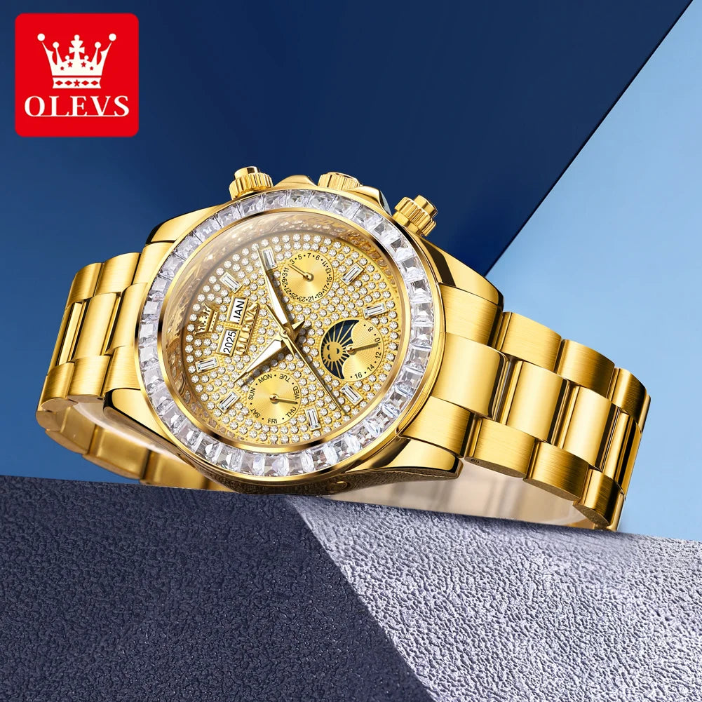 OLEVS 7038 Luxuriöse Diamant-Automatik-Herrenuhr mit Mondphase, Datumsanzeige, 30 m wasserdicht, Edelstahl-Herrenarmbanduhr