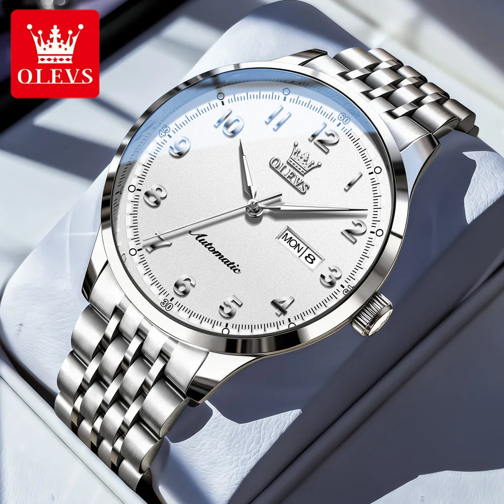 OLEVS Herren Luxus Mechanische Armbanduhren für Herren Wasserdichte Leuchtende Dual-Kalender Uhren Edelstahl-Uhr 7100