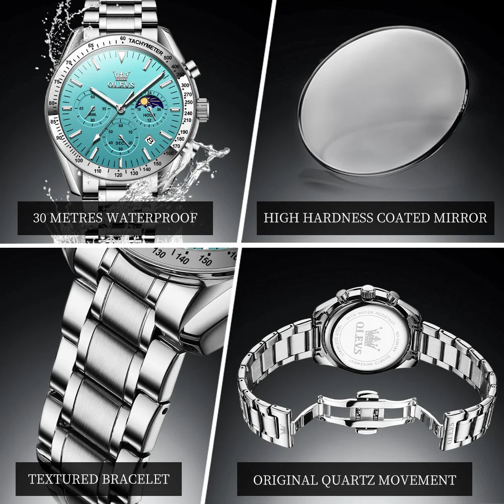 OLEVS 3618 Quartz Watch For Men Original Chronograph Moon Phase 24 Hours Display Hand Clock Stainless Steel Top Brand Man Watch
