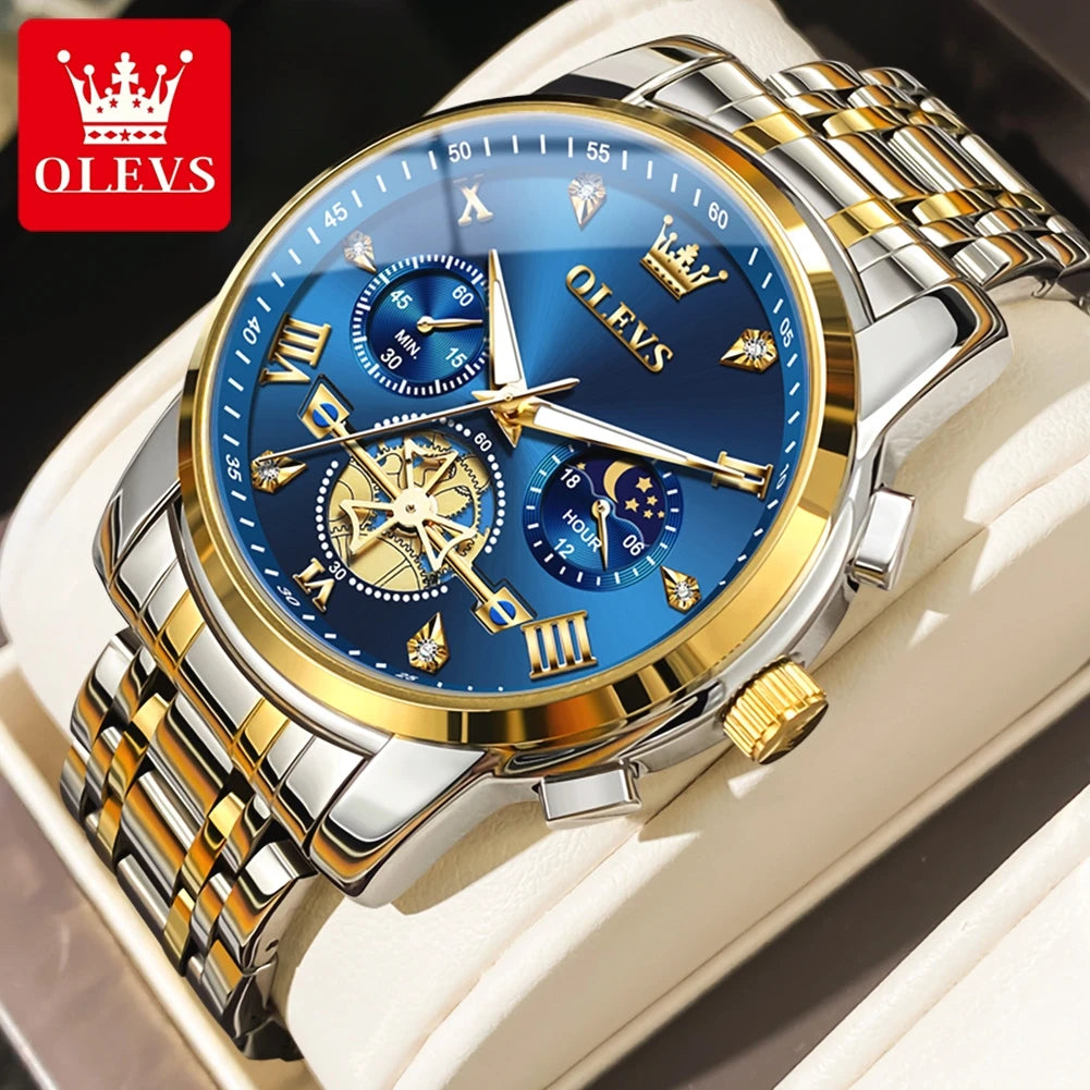 OLEVS 42mm Herrenuhr mit großem Zifferblatt, Mondphase, 24-Stunden-Anzeige, wasserdichte Quarz-Herrenarmbanduhr, Original Luxus Armbanduhr 2856