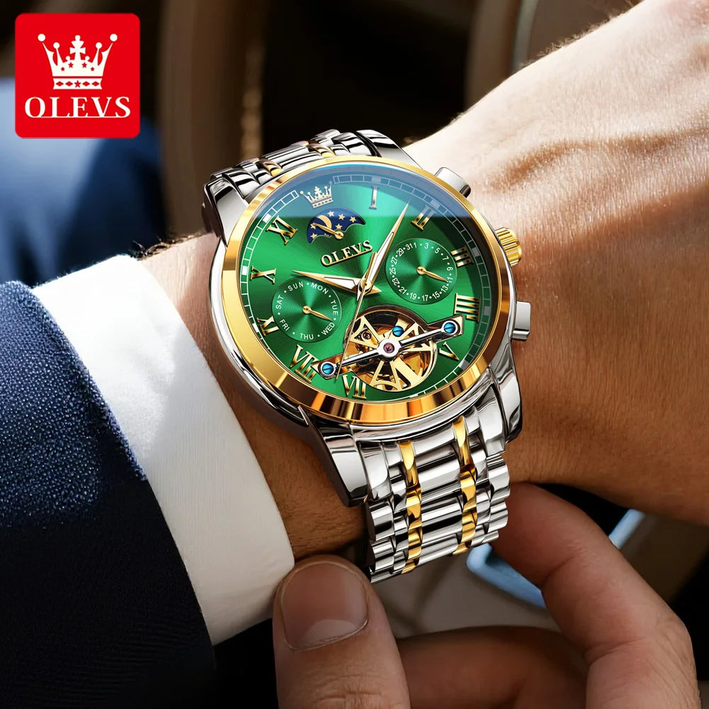 OLEVS Herrenuhren Mondphase Luxus-Edelstahl-Schwungrad Mechanische Handuhr Datum Wasserdicht Leuchtende Herrenuhr 6617