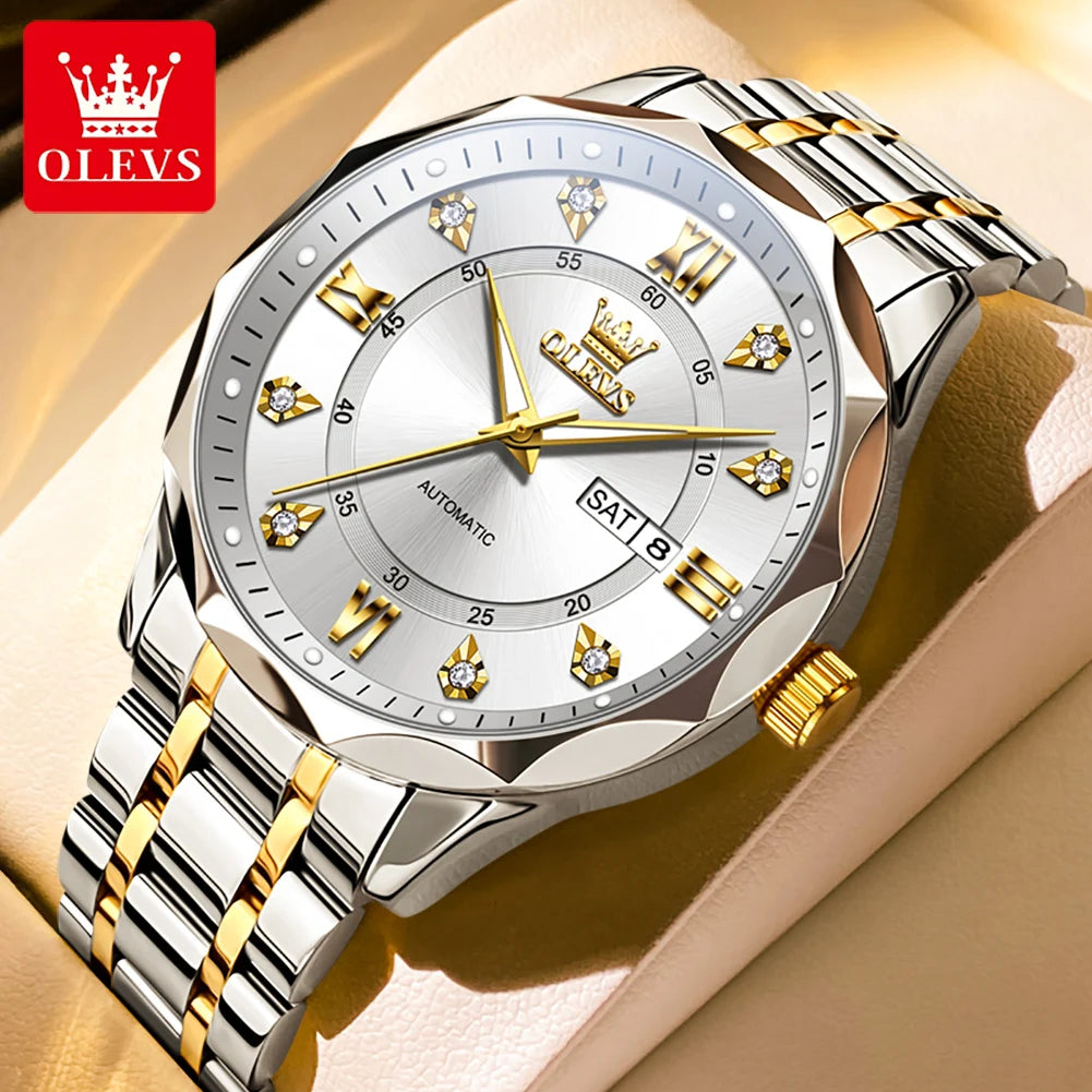 OLEVS 6727 Herren Automatikuhr Luxus Dual Kalender Mechanische Armbanduhr für Herren Zirkonskala Edelstahlarmband Wasserdichte Herrenuhr