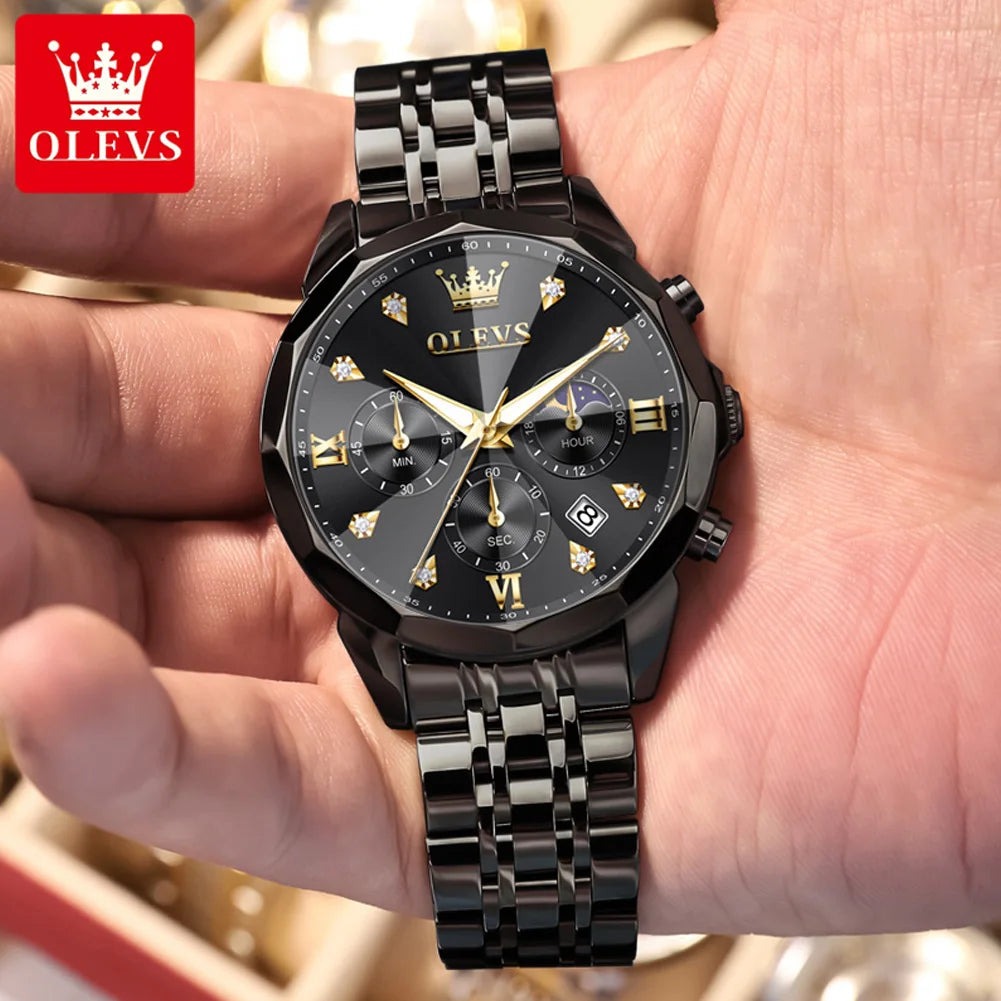 OLEVS 3670 Men's Watch Fashion Date Moon Phase Luminous Quartz Watch For Men Luxury Chronograph Waterproof Business Hand Clock