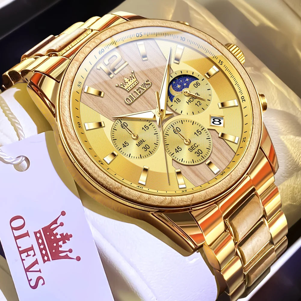 OLEVS 3645 Quartz Watch For Men Fashion Chronograph Steel Wood 44mm Big Dial Hand Clock Moon Phase Waterproof Luminous Man Watch