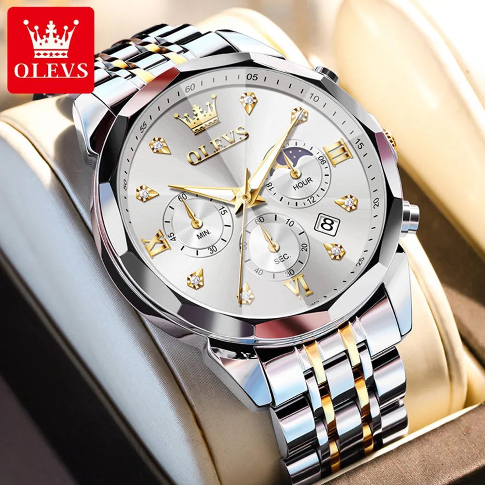 OLEVS 3670 Men's Watch Fashion Date Moon Phase Luminous Quartz Watch For Men Luxury Chronograph Waterproof Business Hand Clock