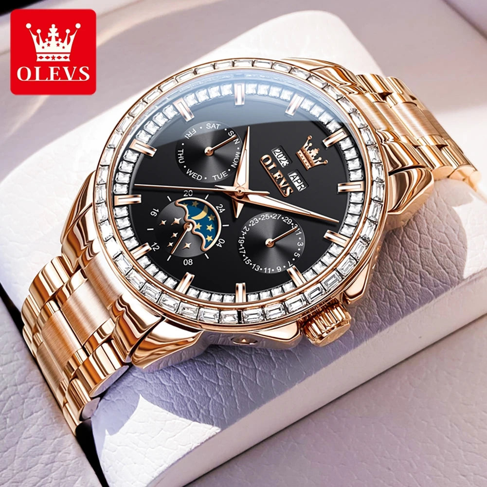 OLEVS 6695 Luxus-Geschäftsuhren für Herren, Mondphasen-Automatikuhr, wasserdichte Herrenarmbanduhr, Geschenkbox, Uhr