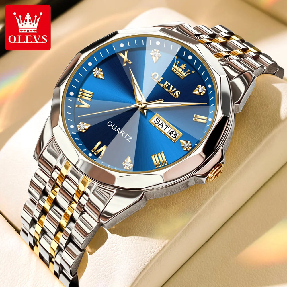 OLEVS 9931 Uhr für Herren und Damen Römische Skala Quarz-Paaruhr Rhombus-Spiegel Automatisches Datum Armbanduhr Luxus Wasserdichte Handuhr