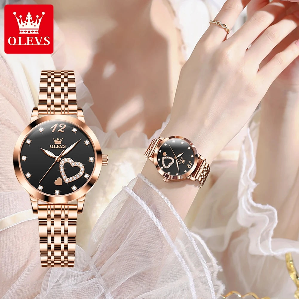 OLEVS 5189 Damenuhren Luxus Wasserdichte Quarzuhr für Damen Leuchtende Edelstahl Herzform Einfaches Zifferblatt Zeiger Uhr
