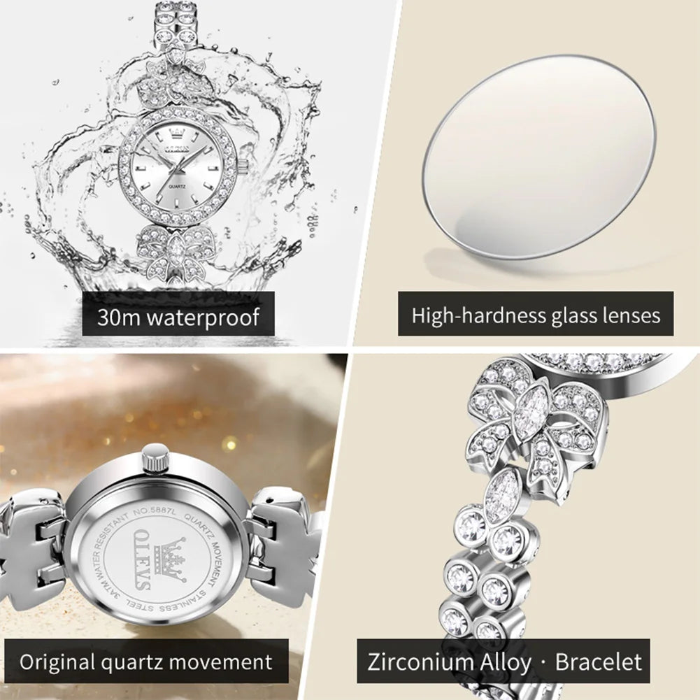 OLEVS Damenuhr 5887 Original Mode Quarzuhren Wasserdicht Leuchtende Damenuhren Diamant Schleifenarmband Geschenkbox Neu