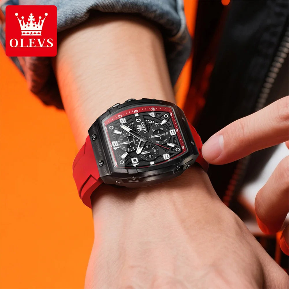 OLEVS 2976 Herrenuhr Chronograph Datum Quarzuhr für Herren Ziffernskala Tonneau Großes Zifferblatt Wasserdichtes Silikonarmband Armbanduhr