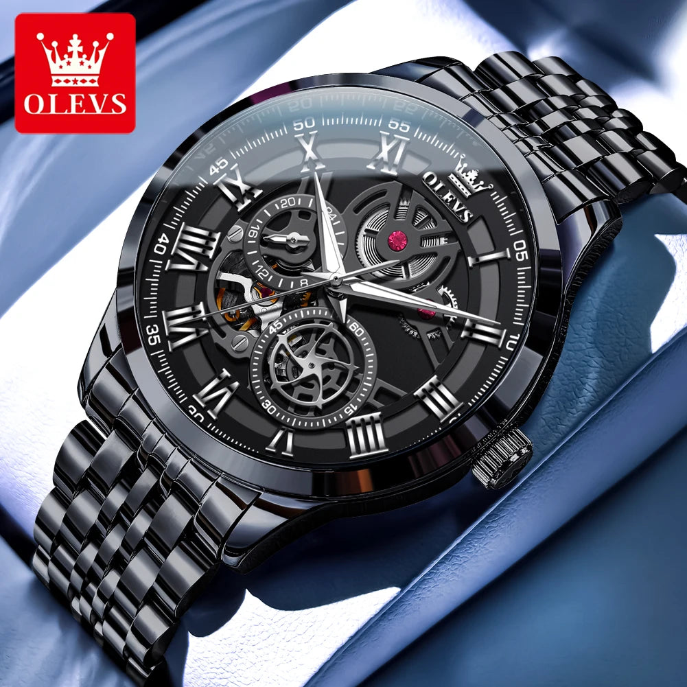 OLEVS 7076 Herren Automatikuhr Mode Hohl Mechanische Uhr Für Herren Wasserdicht Edelstahlarmband Römische Ziffern Skala Handuhr