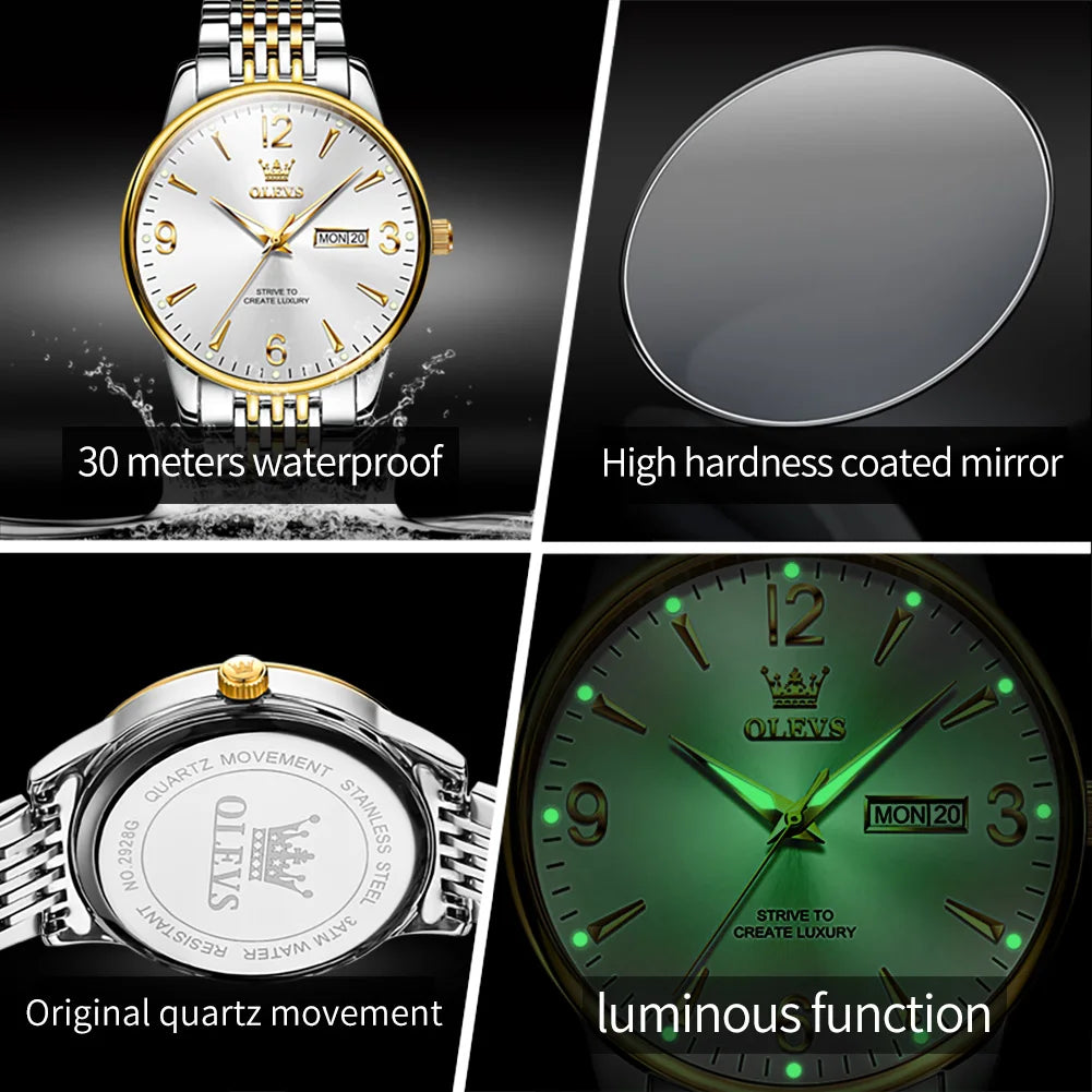 OLEVS 2928 Uhr Herren Einfache Quarz-Kleideruhr Für Männer Ziffernskala Wasserdicht Edelstahl Wochentagsdatumsanzeige Männliche Armbanduhr