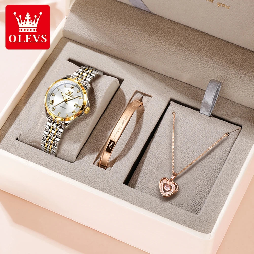OLEVS 6702 Damenuhr Stahlarmband Automatische Datumsanzeige Mechanische Uhr für Damen Römische Skala Luxus Leuchtend Wasserdicht Damenuhr
