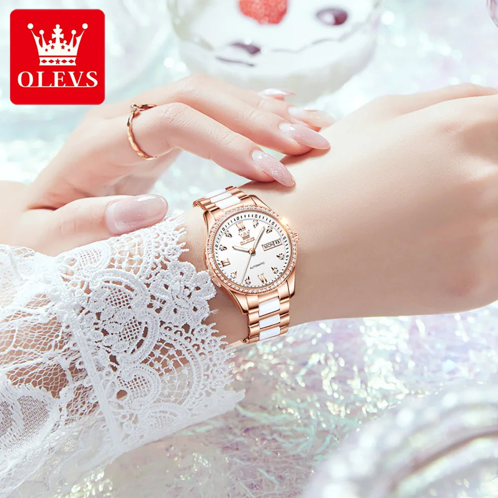 OLEVS 6637 Damenarmbanduhren Wasserdichte Dual-Kalender Mechanische Uhr für Frauen Original Diamant-Skala Leuchtende Luxus-Handuhr