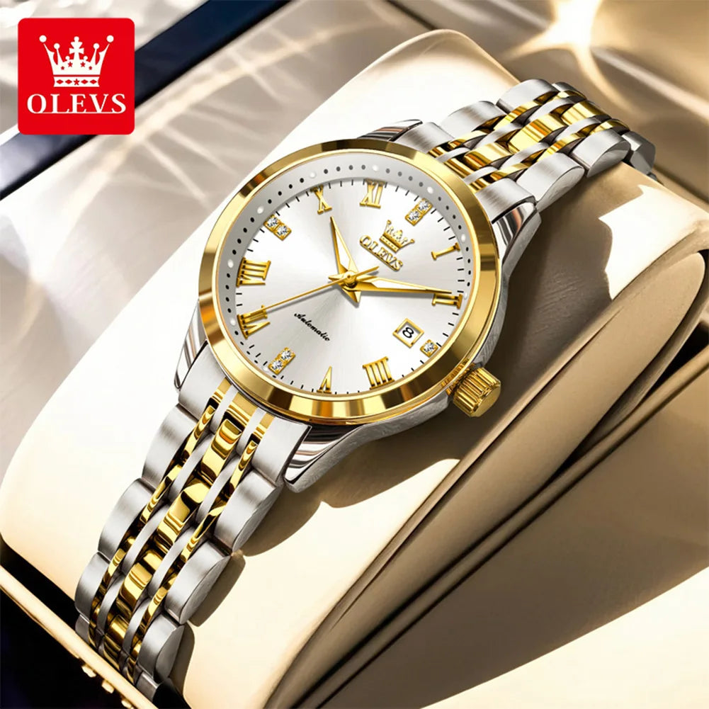OLEVS 7062 Damenuhr Luxuriöse leuchtende wasserdichte Edelstahluhr mit automatischem Datum Mechanische Uhr für Damen mit römischen Ziffern