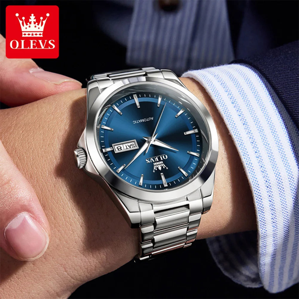 OLEVS Kol Saatleri Erkek 7090 Çift Takvim Lüks Mekanik Kol Saati Erkekler İçin Su Geçirmez Işıklı Paslanmaz Çelik Otomatik Kol Saati