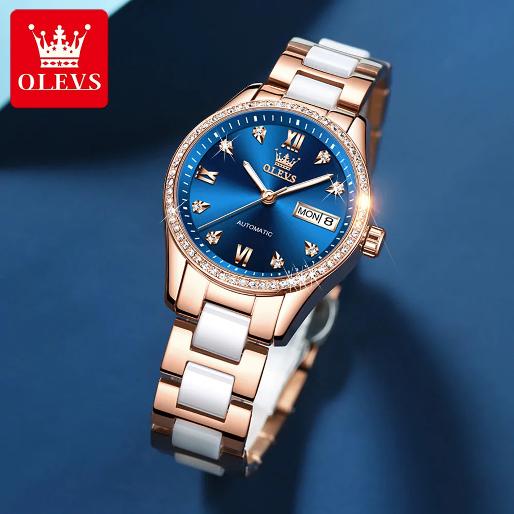 OLEVS 6637 Damenarmbanduhren Wasserdichte Dual-Kalender Mechanische Uhr für Frauen Original Diamant-Skala Leuchtende Luxus-Handuhr