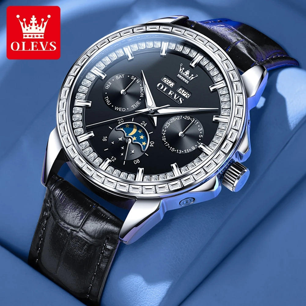 OLEVS 6695 Luxus-Geschäftsuhren für Herren, Mondphasen-Automatikuhr, wasserdichte Herrenarmbanduhr, Geschenkbox, Uhr