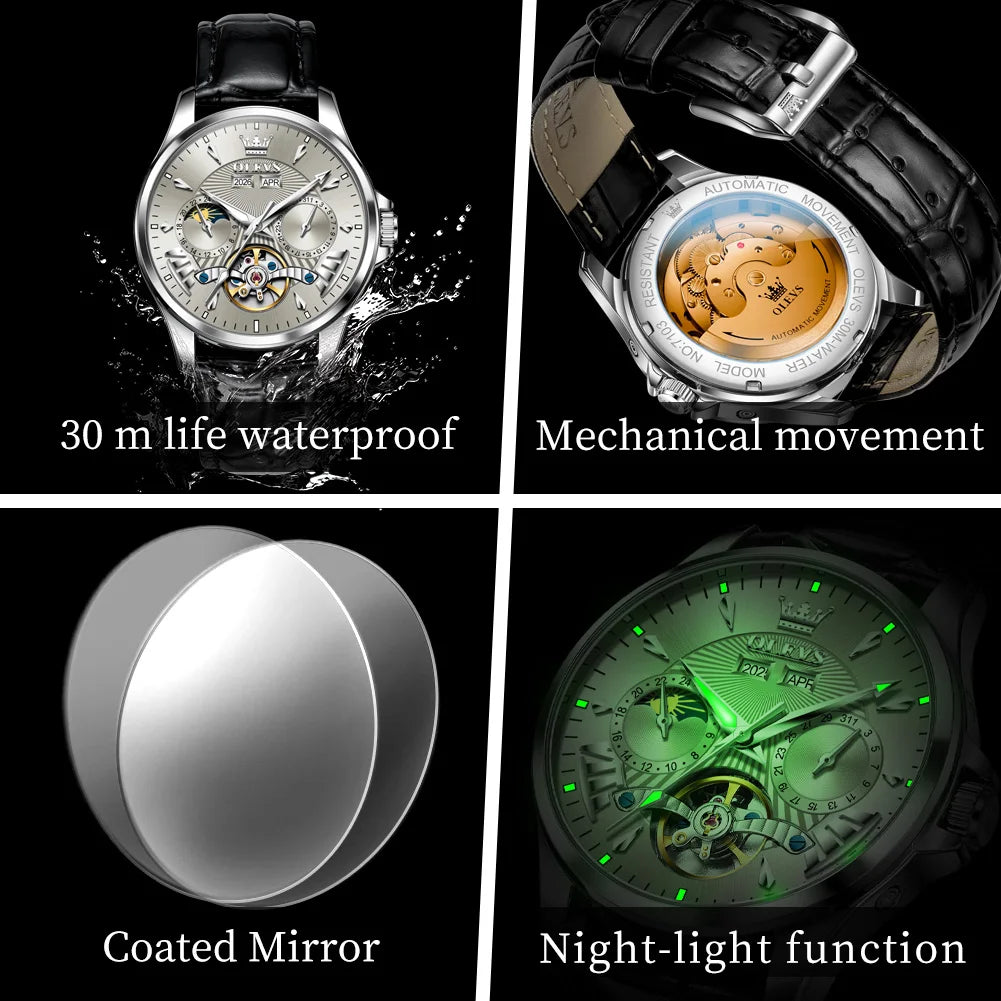 OLEVS 7103 Men's Watch Flywheel Automatic Mechanical Wristwatch Waterproof Perpetual Calendar Moon Phase Watches For Men Classic