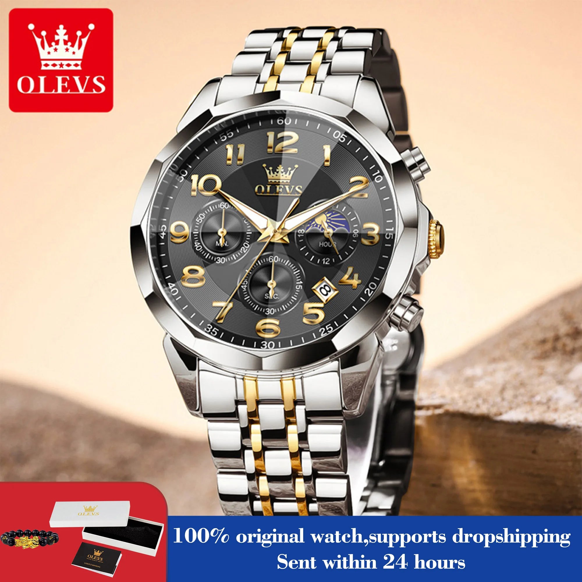 OLEVS 3676 Men's Watch Top Brand Number Scale Quartz Watch For Men 43mm Big Dial Chronograph Waterproof Fashion Man Hand Clock