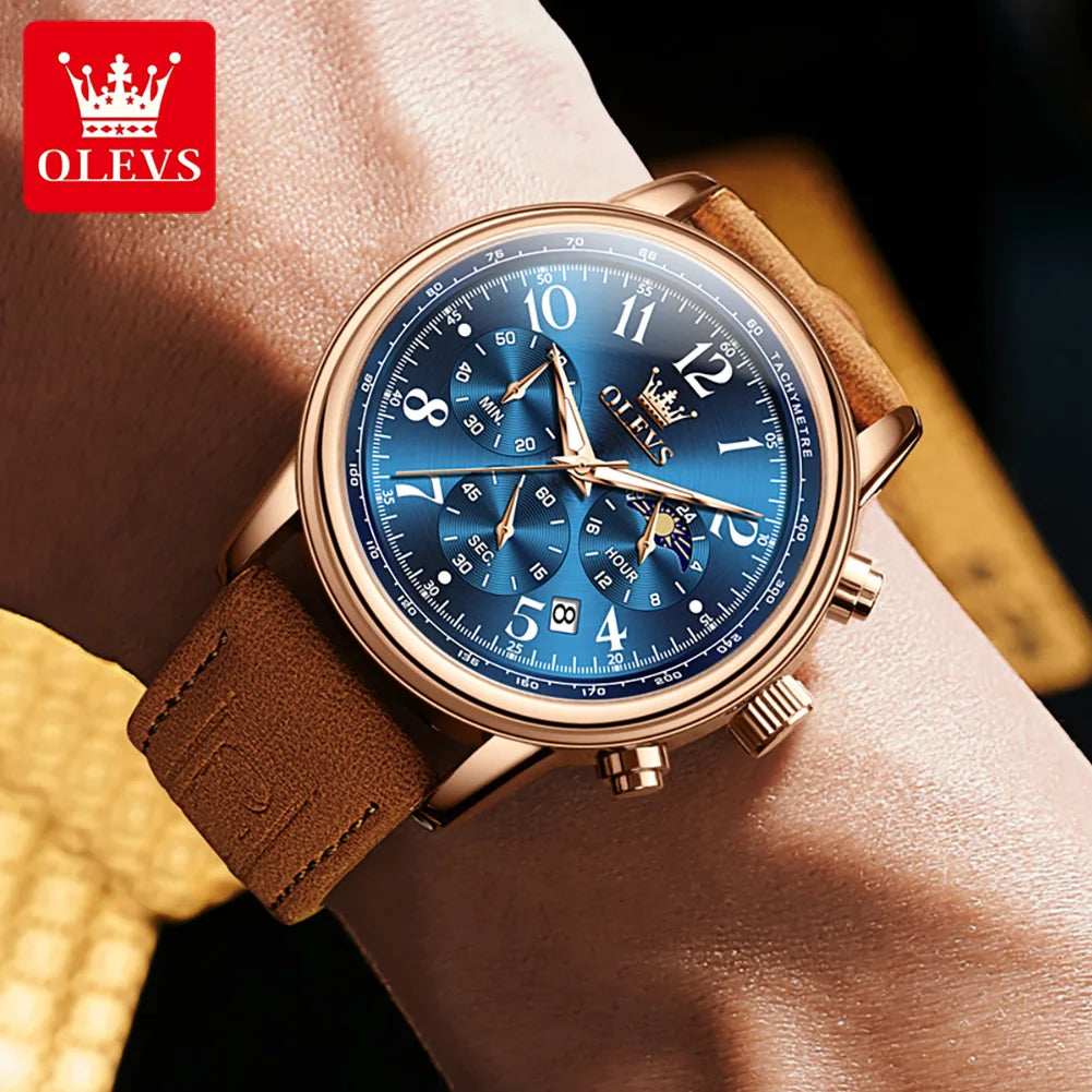 OLEVS 2912 Sport Chronograph Quarz-Uhr für Herren Mondphase Ziffer 43mm Großes Zifferblatt Herrenuhren Wasserdicht Original Armbanduhr