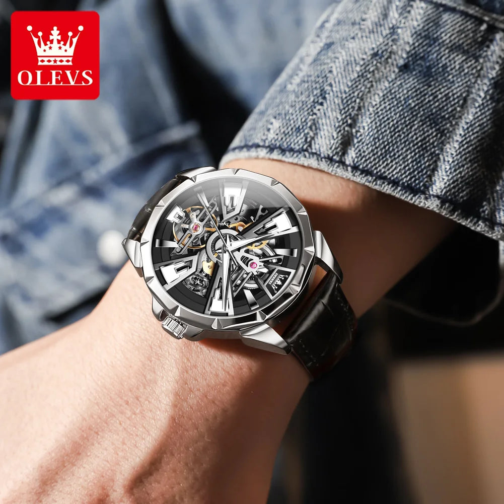 OLEVS 7051 Uhr für Herren, modisch, hohl, automatisch, mechanisch, wasserdicht, leuchtend, original Sport Herrenuhren