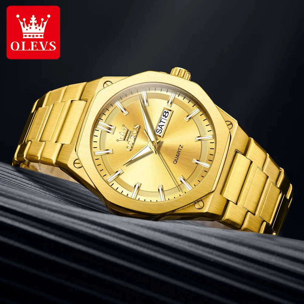OLEVS Herrenuhren Quarzuhren Wasserdicht Leuchtend Wochentag Datum Edelstahl Luxus-Goldarmbanduhren Für Herren Reloj 3733