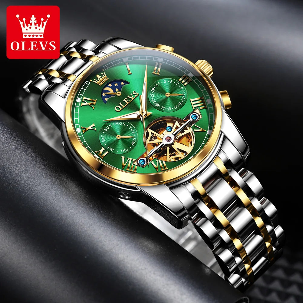 OLEVS Herrenuhren Mondphase Luxus-Edelstahl-Schwungrad Mechanische Handuhr Datum Wasserdicht Leuchtende Herrenuhr 6617