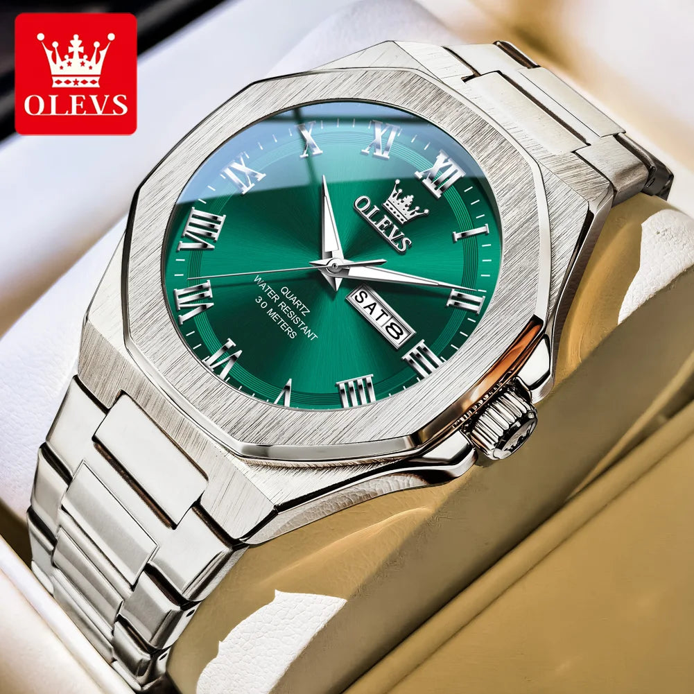 OLEVS 3727 Herrenuhren Wasserdicht Leuchtend Wochentag Datum Quarzuhr Edelstahl Luxusuhren für Männer Hochwertige Uhr