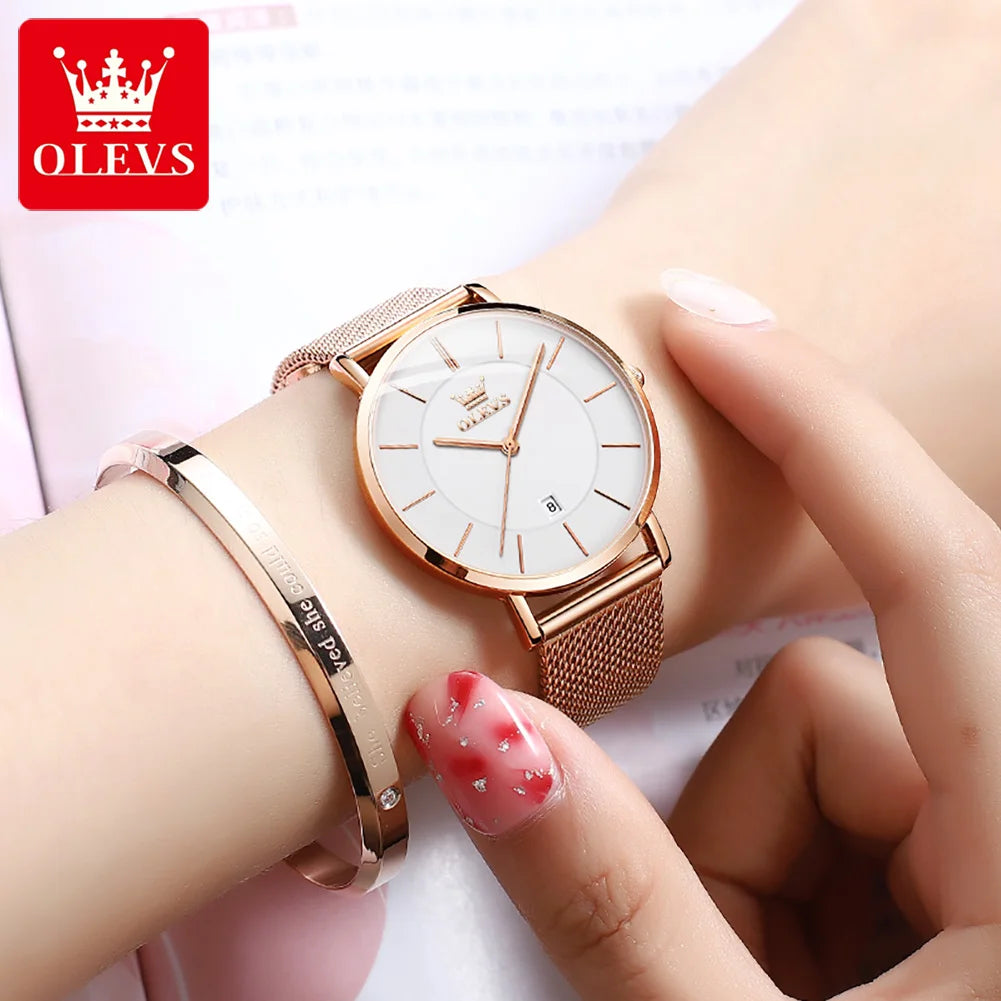 OLEVS Uhr für Damen Japanisches Quarzwerk 6,5 mm Gehäusedicke Wasserdicht Damen Handuhr Kalender Mode-Kleid-Armbanduhr