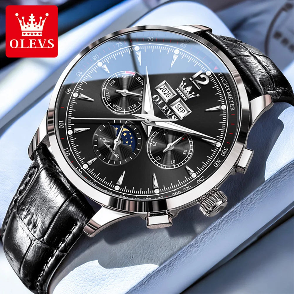 OLEVS 7128 Herrenuhr Luxus Klassische Automatische Mechanische Armbanduhr Wasserdichter Ewiger Kalender Mondphasenuhren Für Herren