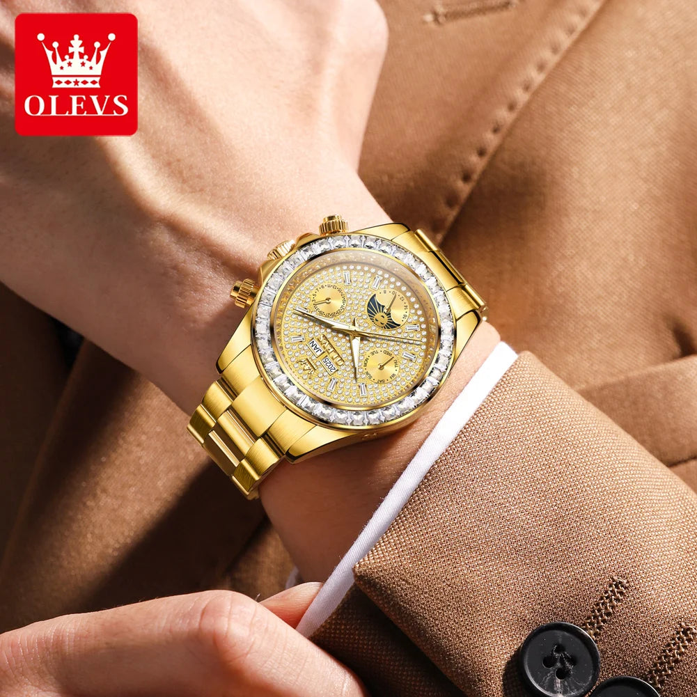 OLEVS 7038 Luxuriöse Diamant-Automatik-Herrenuhr mit Mondphase, Datumsanzeige, 30 m wasserdicht, Edelstahl-Herrenarmbanduhr